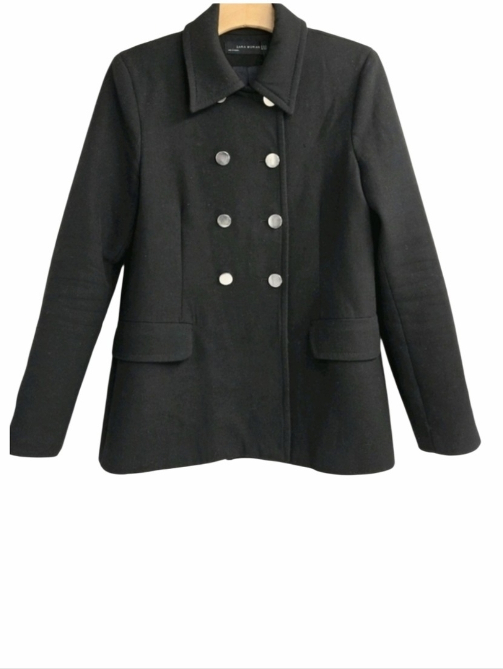Zara Double Breasted Blazer Jacket‎ Black Silver Buttons